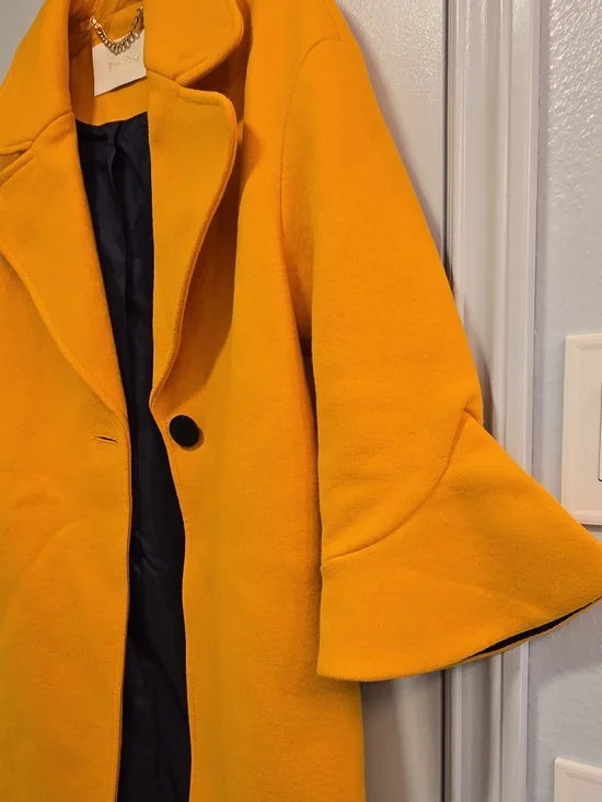 Tailored Mustard Yellow Bell-Sleeve Wool-Blend Trench Coat - Picture 3 of 4